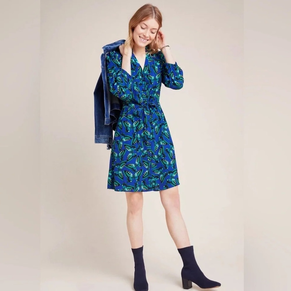 Anthropologie Maeve Blue and Green Butterfly Print Shirtdress